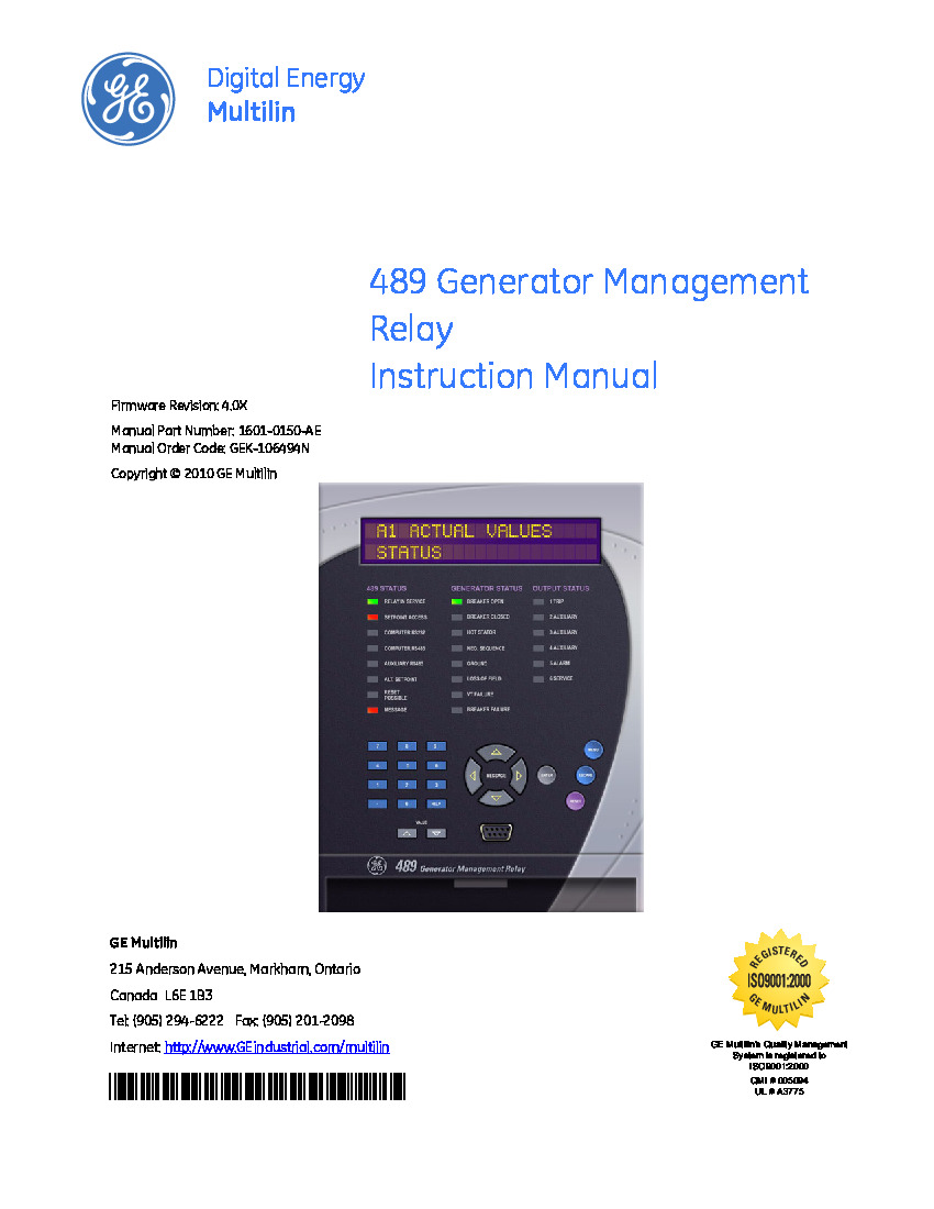 First Page Image of 489-P5-HI-A20 489 Generator Management Relay Instruction Manual GEK-106494N.pdf